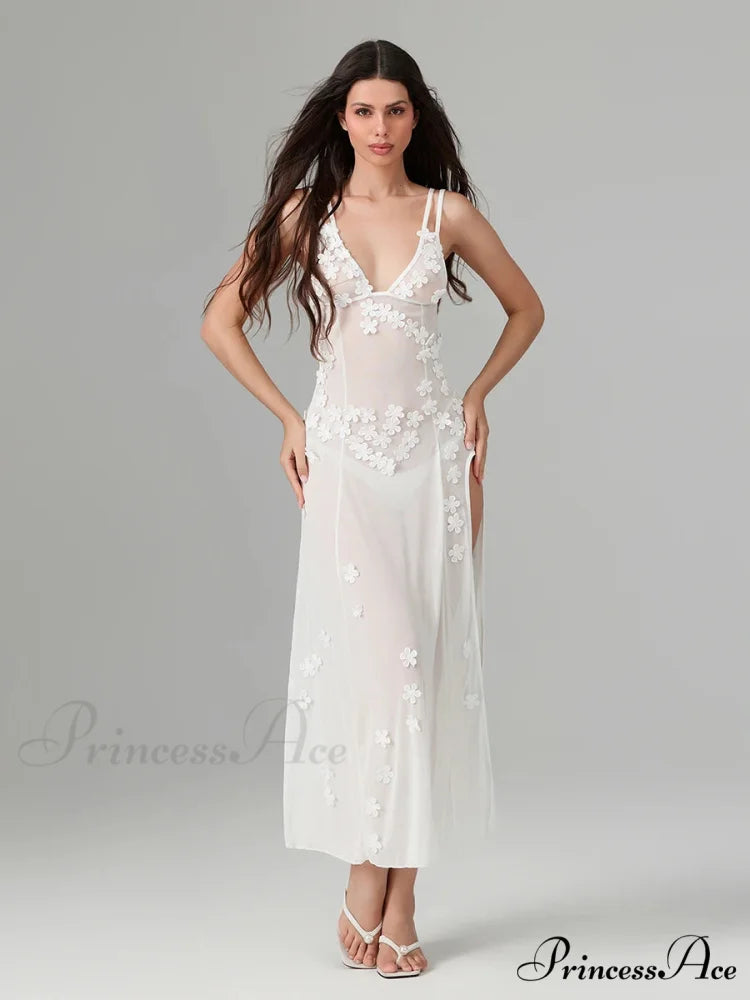 3D Blossom Ornament Backless Low-Cut Slit Sheer Beach Floral Dress
