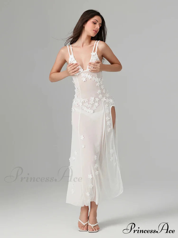 3D Blossom Ornament Backless Low-Cut Slit Sheer Beach Floral Dress