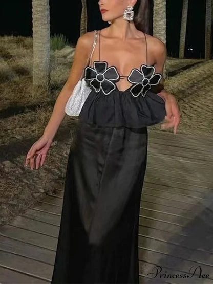 3D Blossom Spaghetti Strap Open-Back Crop Top