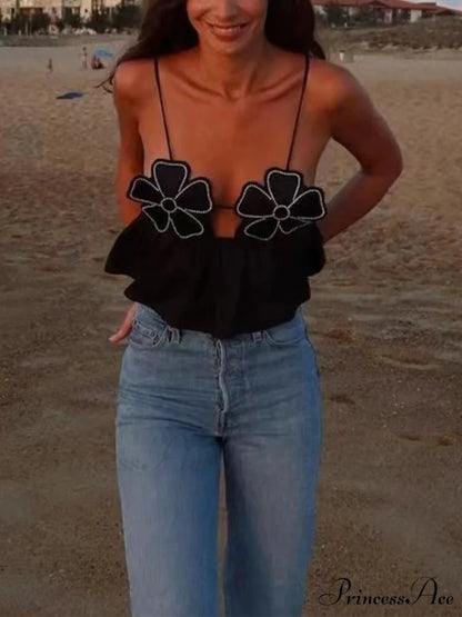3D Blossom Spaghetti Strap Open-Back Crop Top