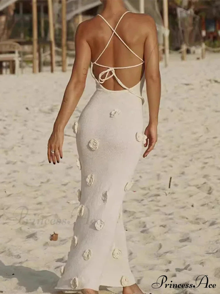 3D Blossom V-neck Open-Back Lace-Up Maxi Floral Gown