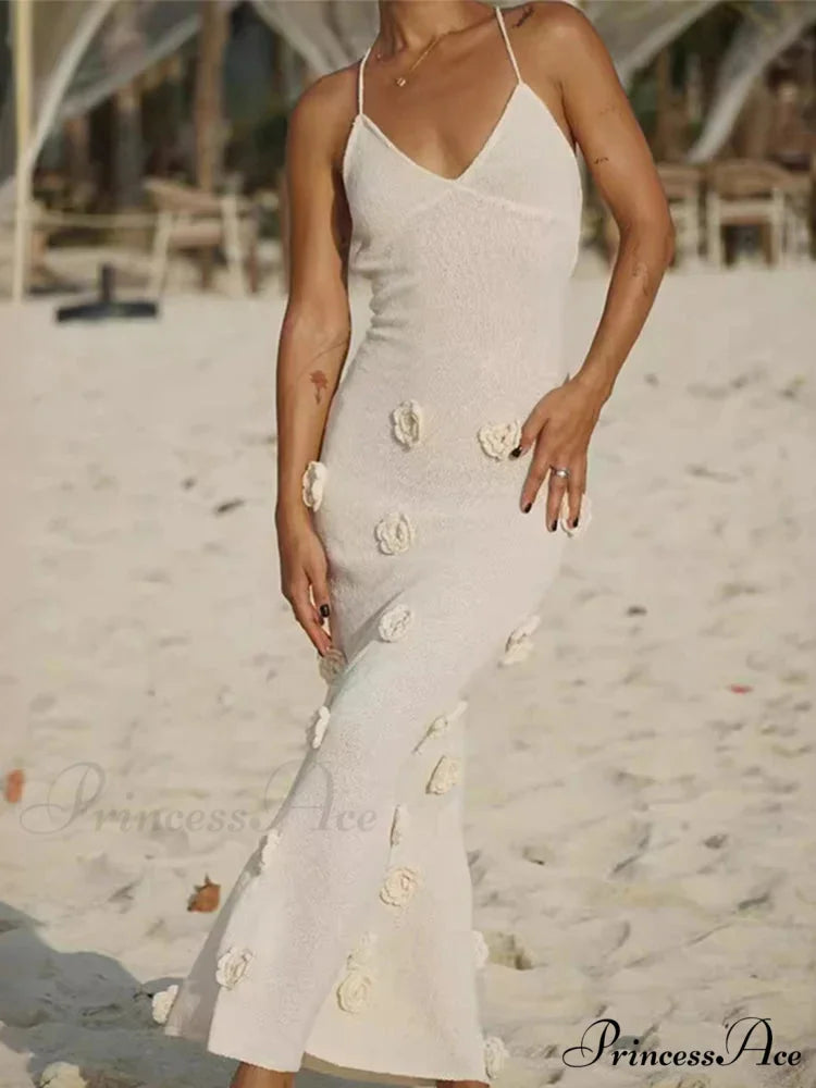3D Blossom V-neck Open-Back Lace-Up Maxi Floral Gown