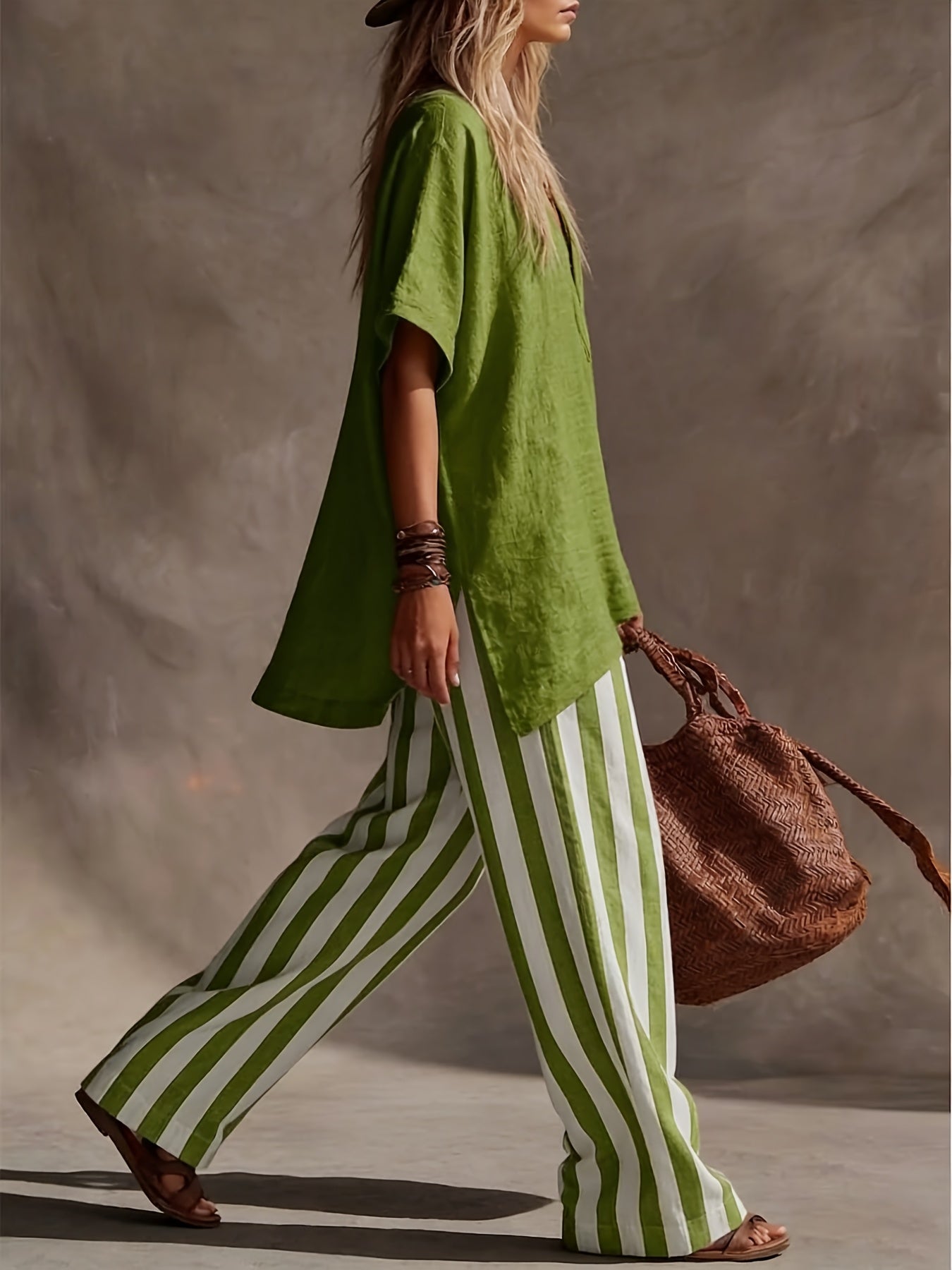 Linen V Neck Short Sleeve Top and Striped Wide Leg Pants Set