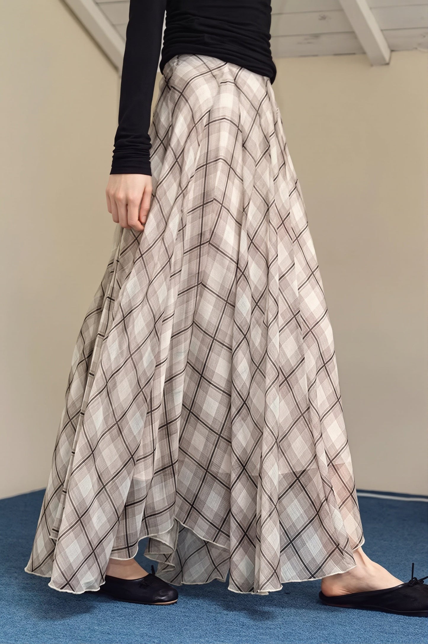 Gentle Style Draped Slim Plaid Maxi Skirt