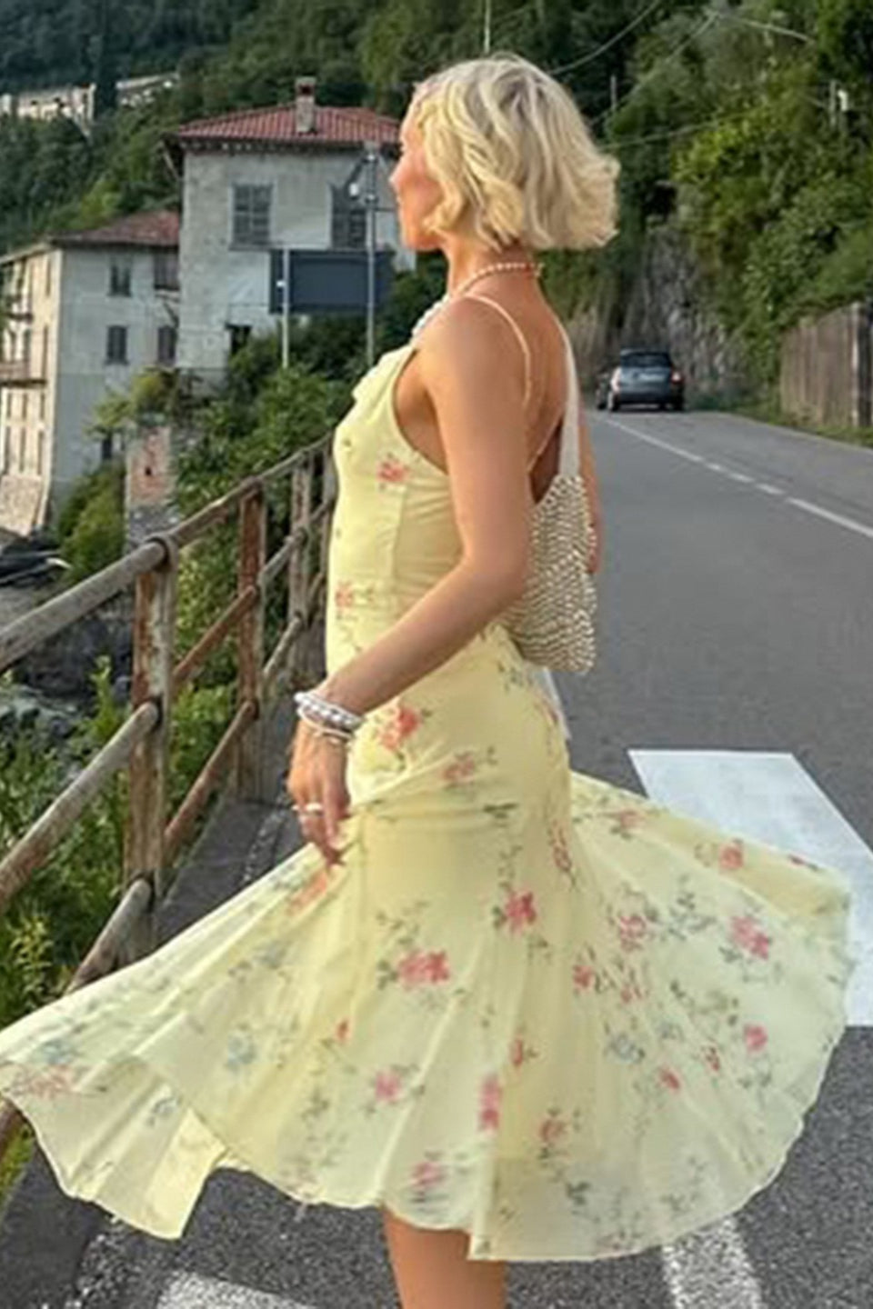 Draped Neck Floral Mesh Midi Dress