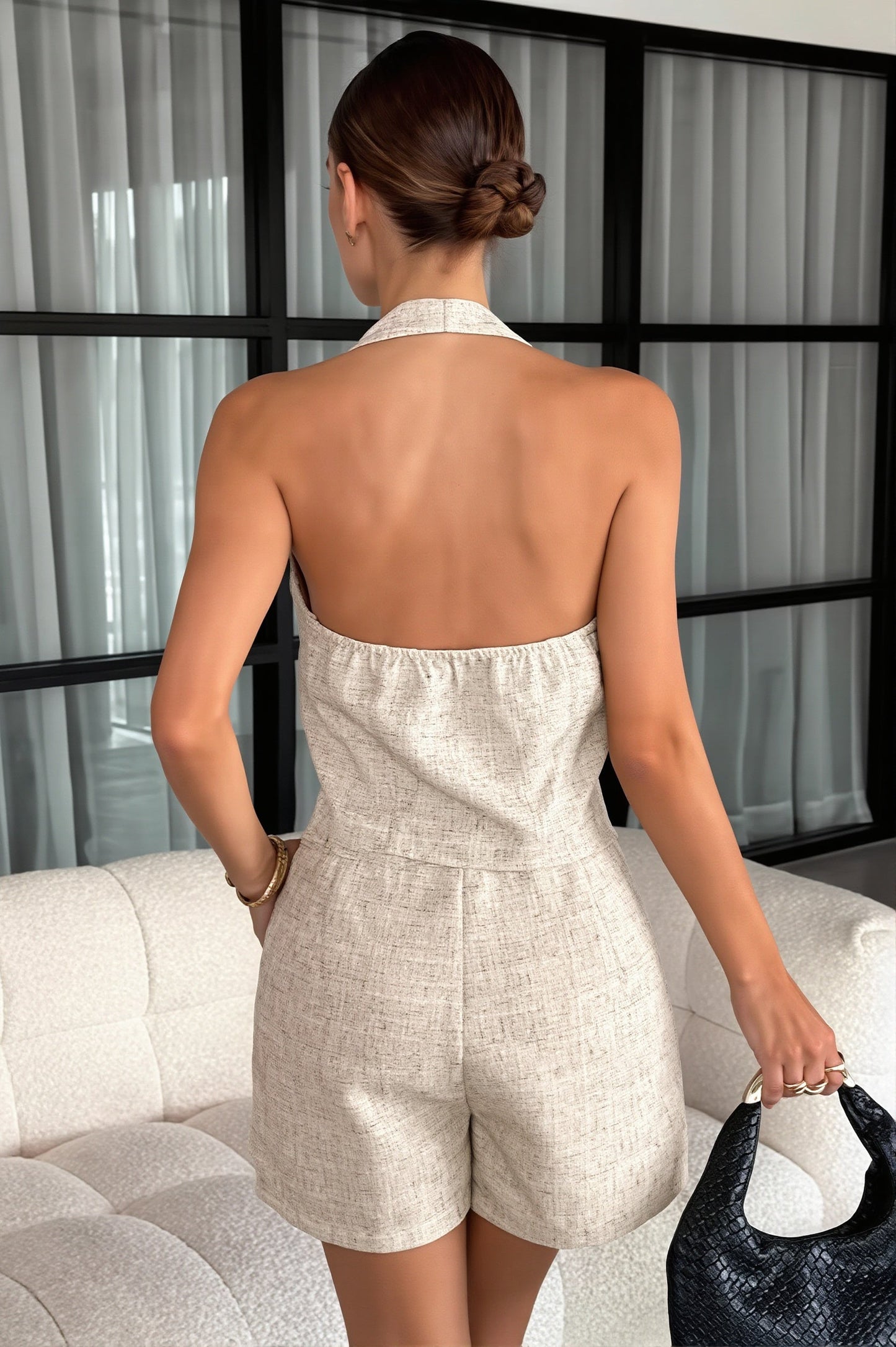 Sexy V Neck Halter Lace Up Backless Cami With Shorts Skirt Sets