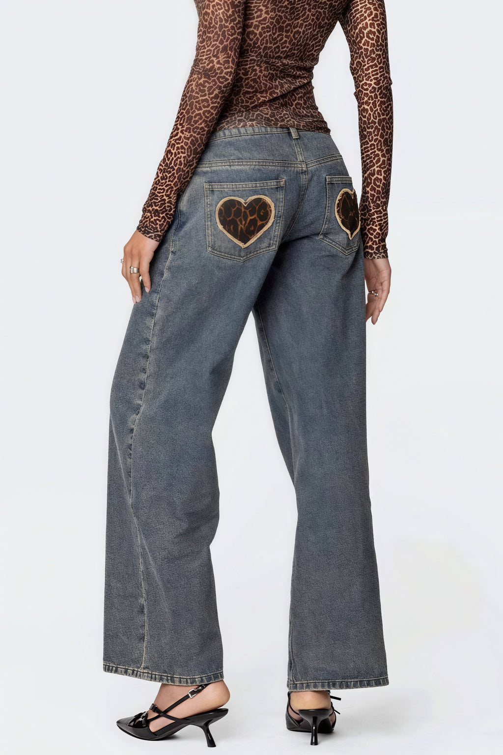 Heart Leopard Low Waist Straight Jeans