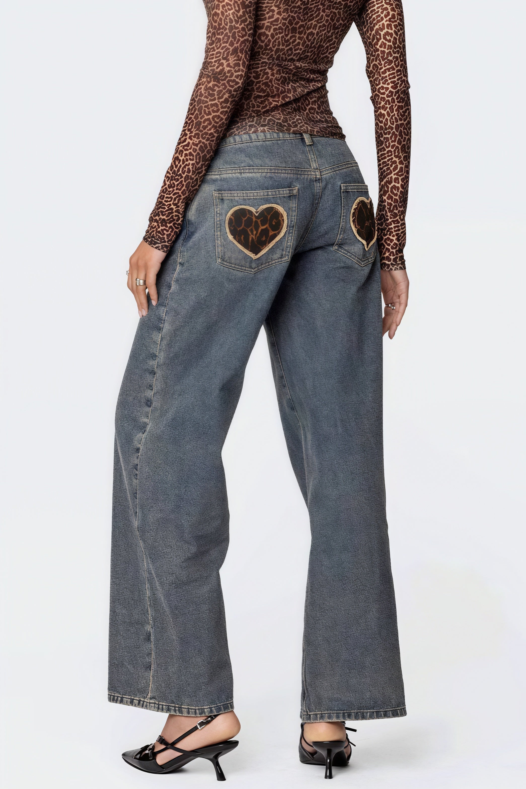 Heart Leopard Low Waist Straight Jeans