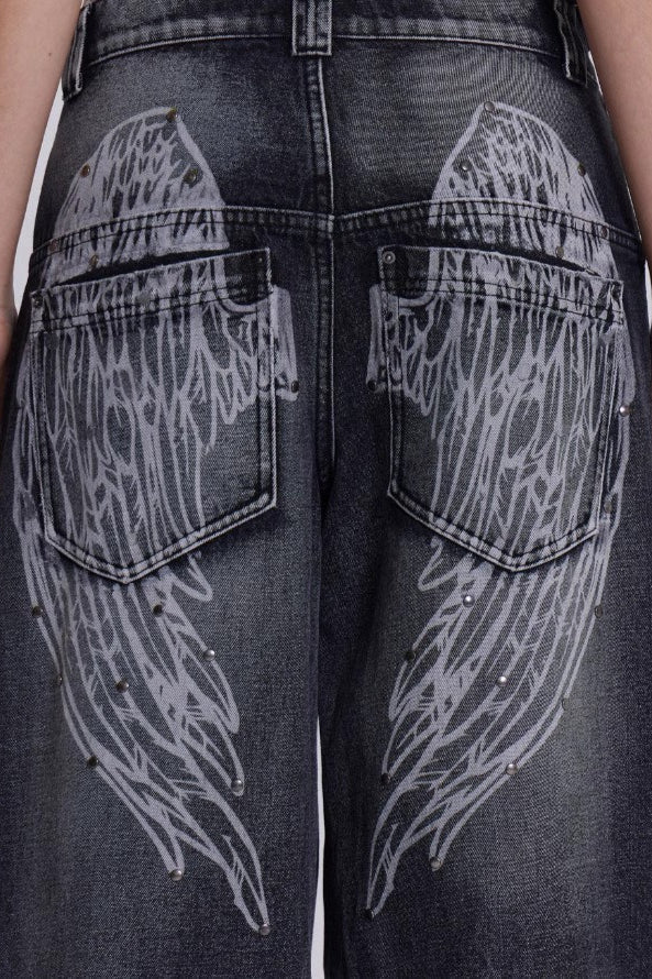 Vintage Faded Wing Print Baggy Jeans