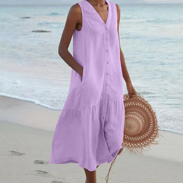 Button Front V Neck Sleeveless Ruffle Hem Casual Linen Midi Dress