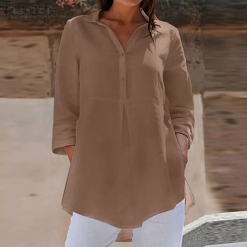Collar Neck 3/4 Sleeve Informal Baggy Button Blouse
