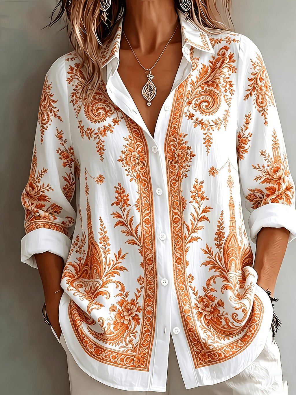 Floral Paisley Print Long Sleeve Oversized Casual Blouse