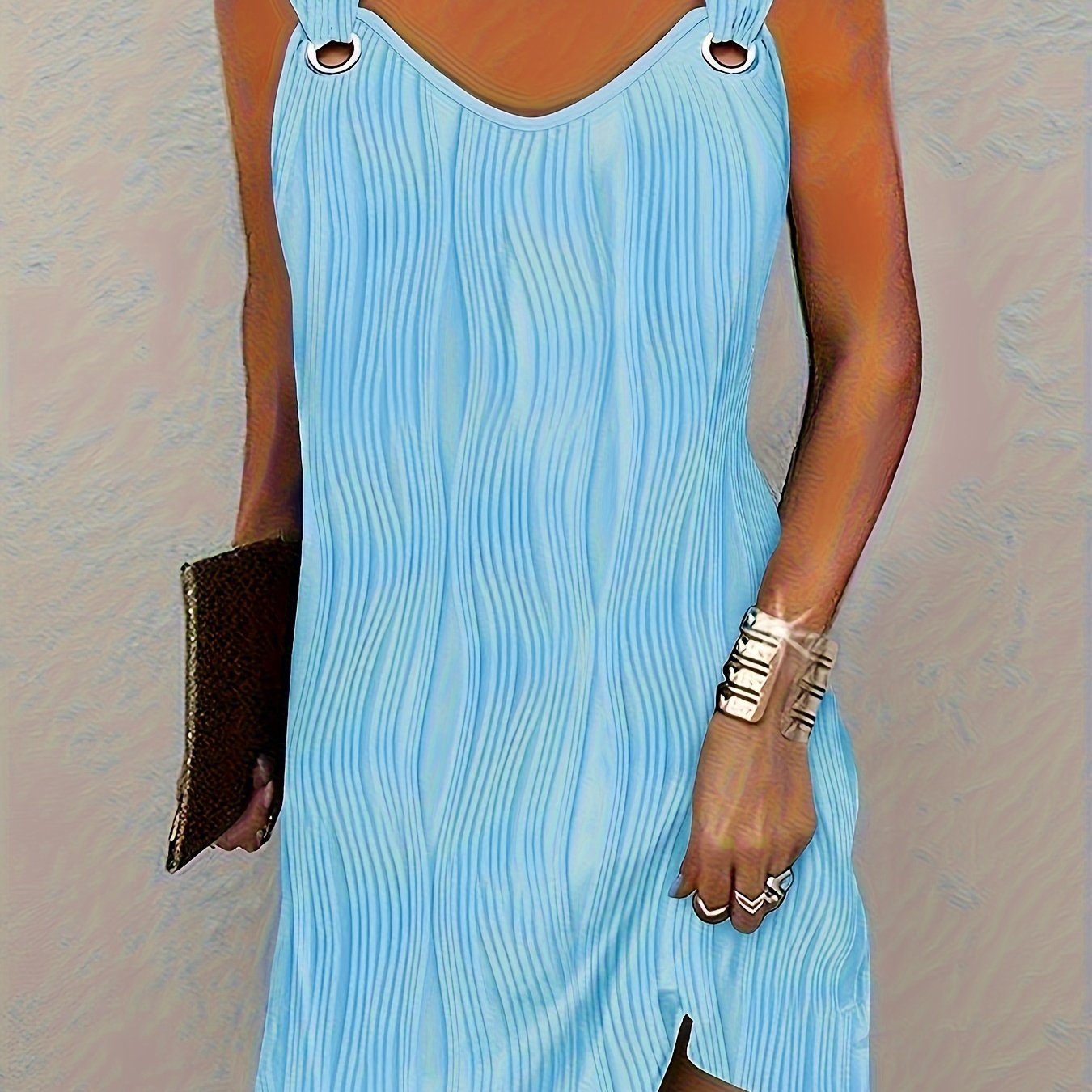 Textured Wave Plisse O-Ring Strap Sleeveless Mini Dress