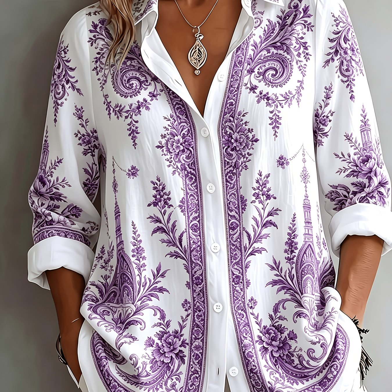Floral Paisley Print Long Sleeve Oversized Casual Blouse