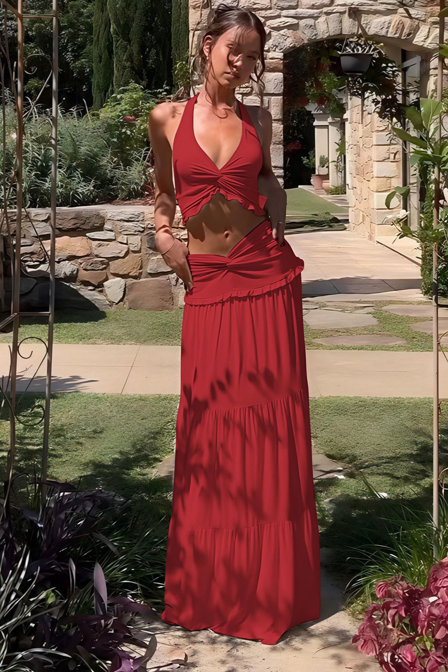 Sexy Pleated Halter Top Ruffle Maxi Skirt Set
