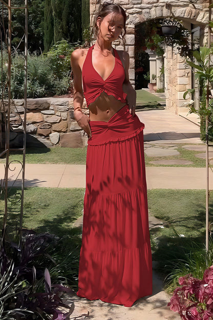 Sexy Pleated Halter Top Ruffle Maxi Skirt Set