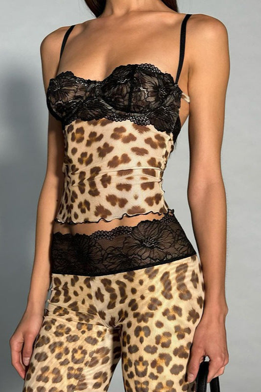 Leopard lace cami crop and low-rise pants set from Hicosy