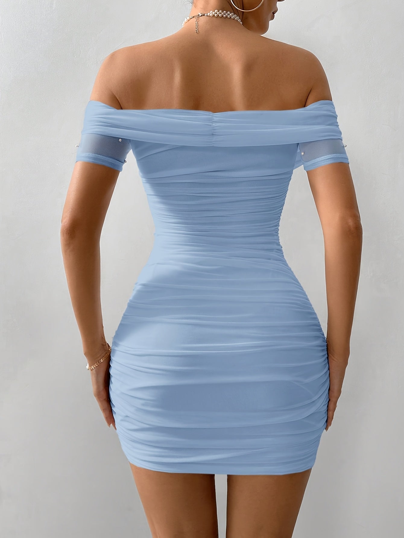 Light Blue Beaded Off-Shoulder Homecoming Mini Dress