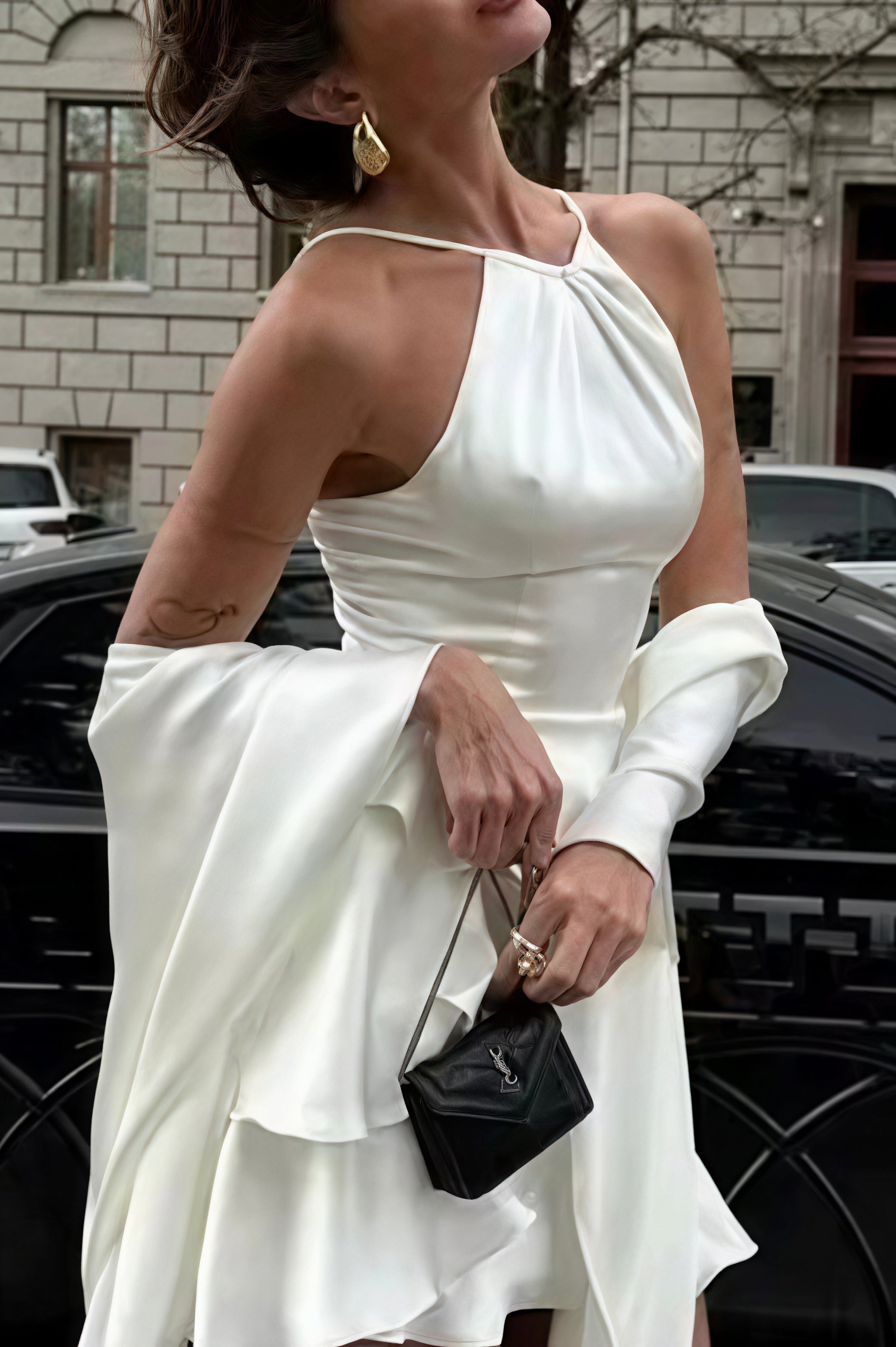 Satin Cape Ruffle Hem Mini Dress