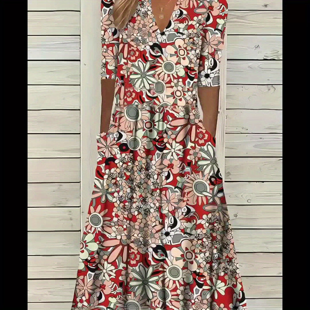 Gabi-Elegant Floral Print V-Neck Midi Dress