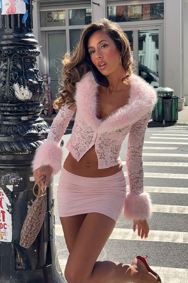 Pink lace fleece long-sleeve two-piece set from Hicosy