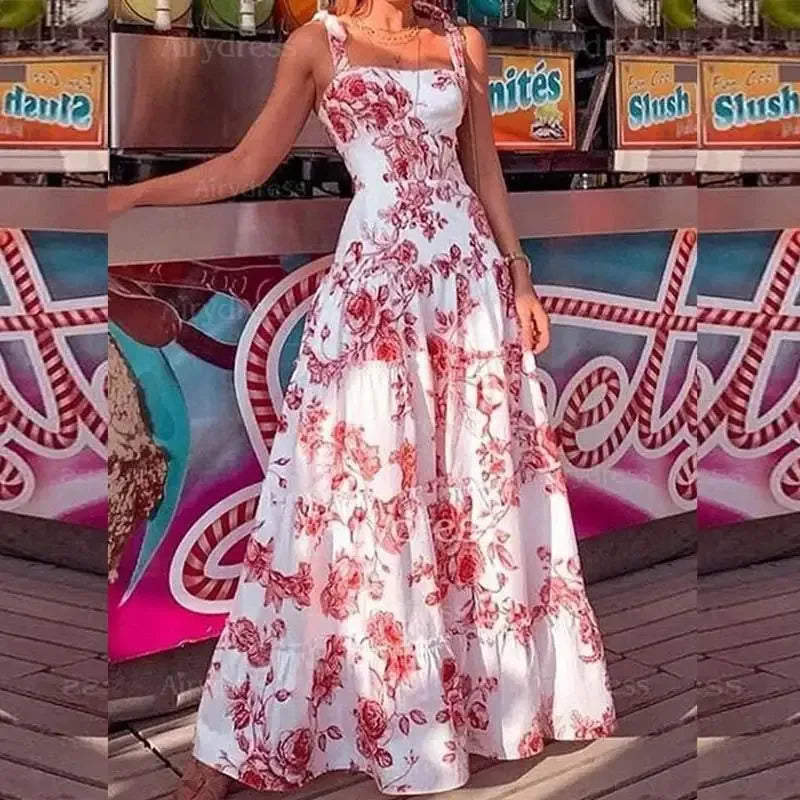 Flower Spaghetti Strap Tall Waist Maxi Dress