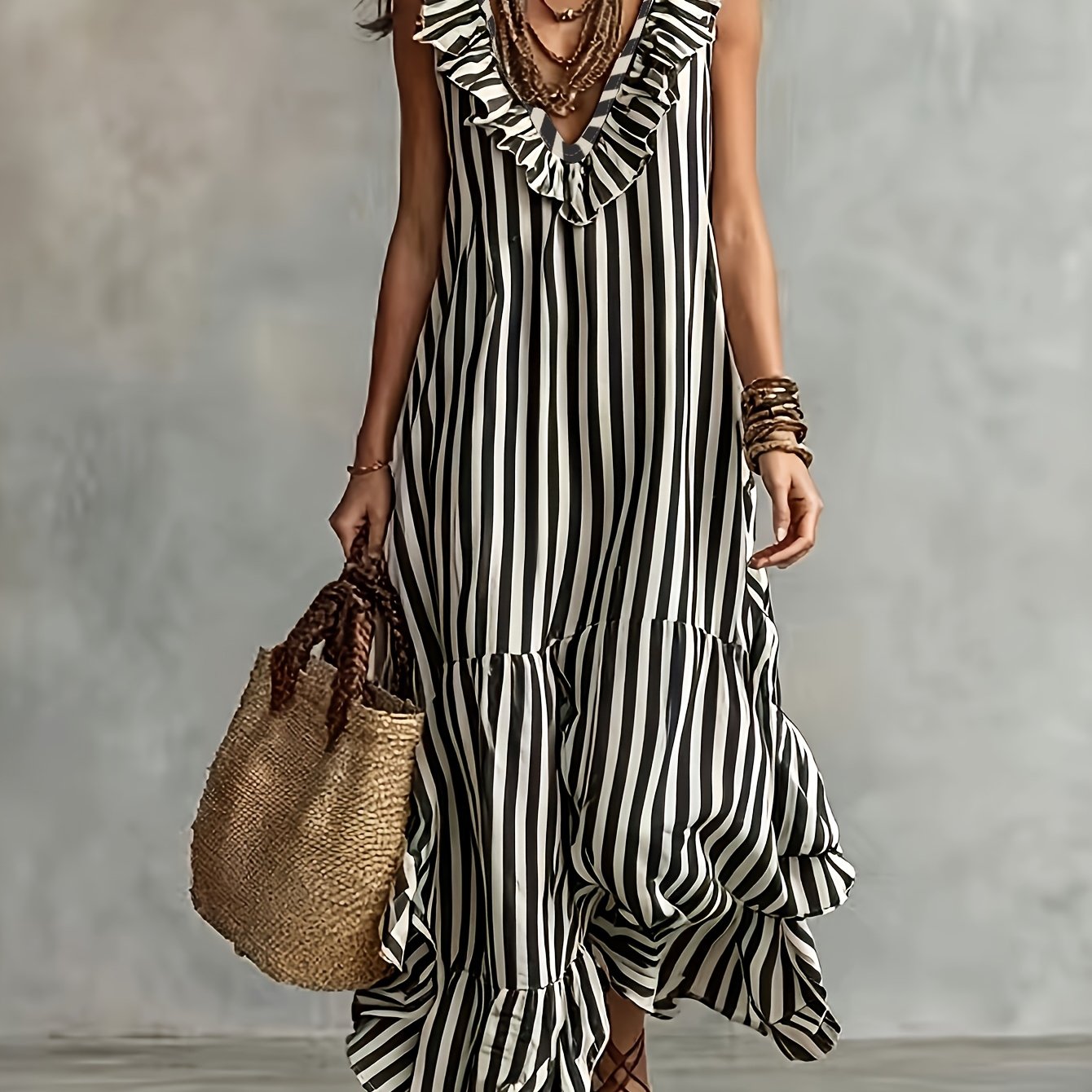 Striped Ruffled V Neck Boho Maxi Dress for Vacation