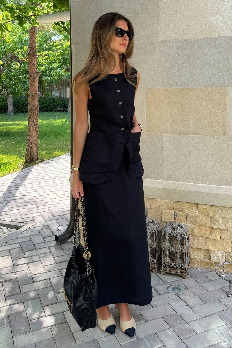 Simple Linen Vest High Waist Skirt Set
