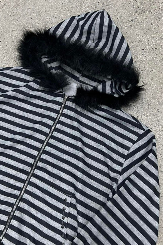 Woman wearing Striped Zip Hoodie with Faux-Fur Hood from Hicosy — view 2