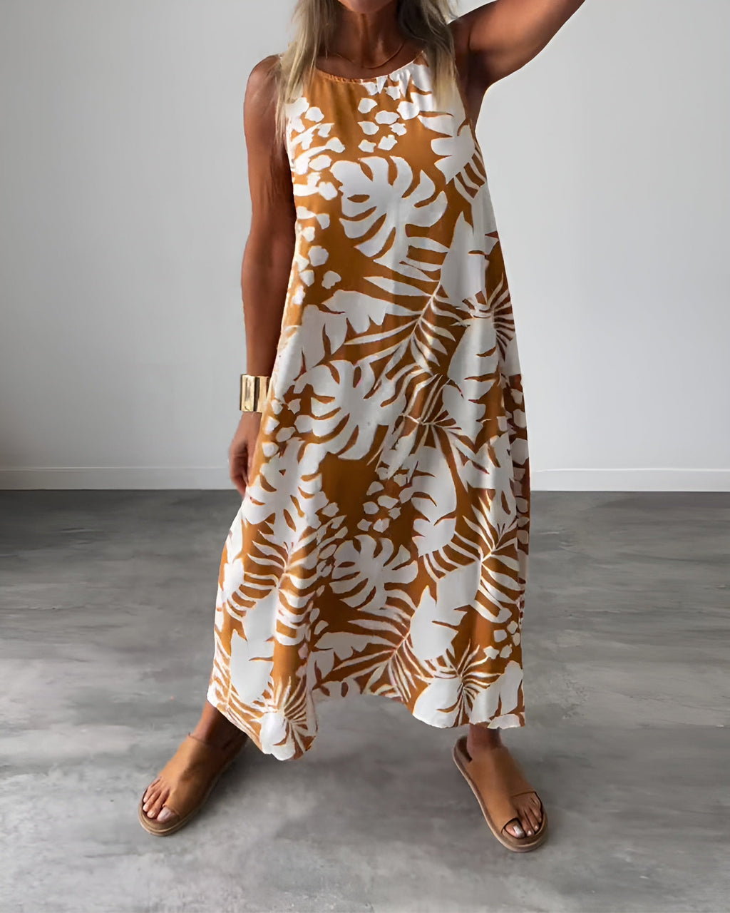 Tropical Leaf Print Halter Neck Sleeveless Swing Casual Maxi Dress