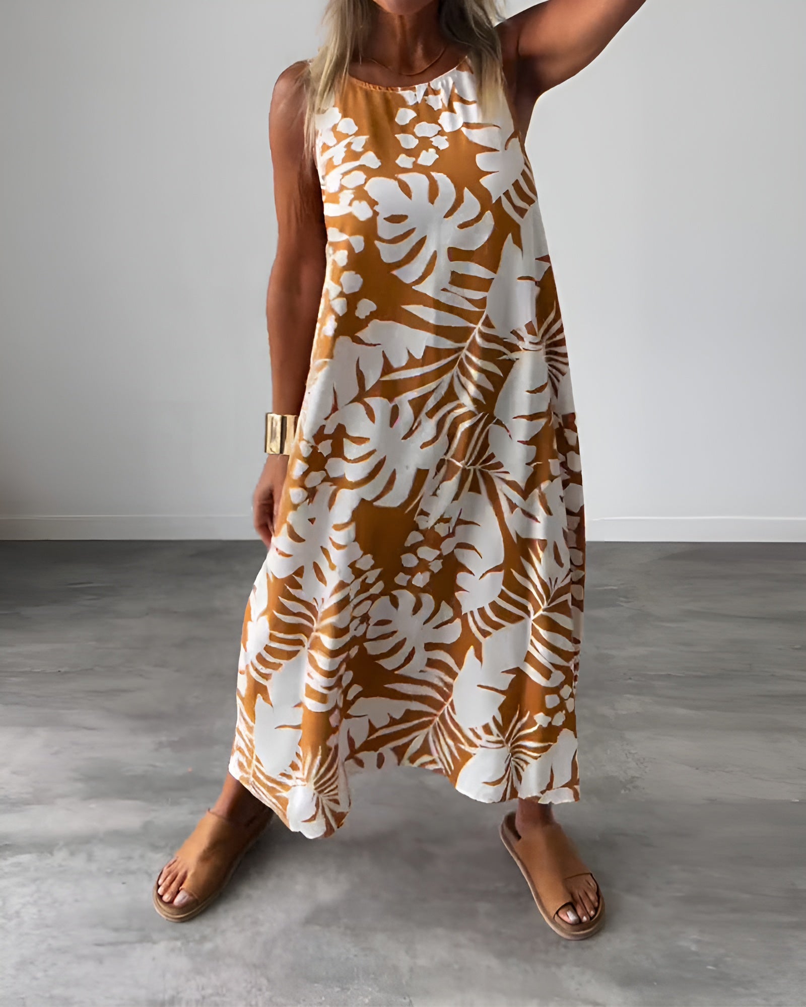Tropical Leaf Print Halter Neck Sleeveless Swing Casual Maxi Dress