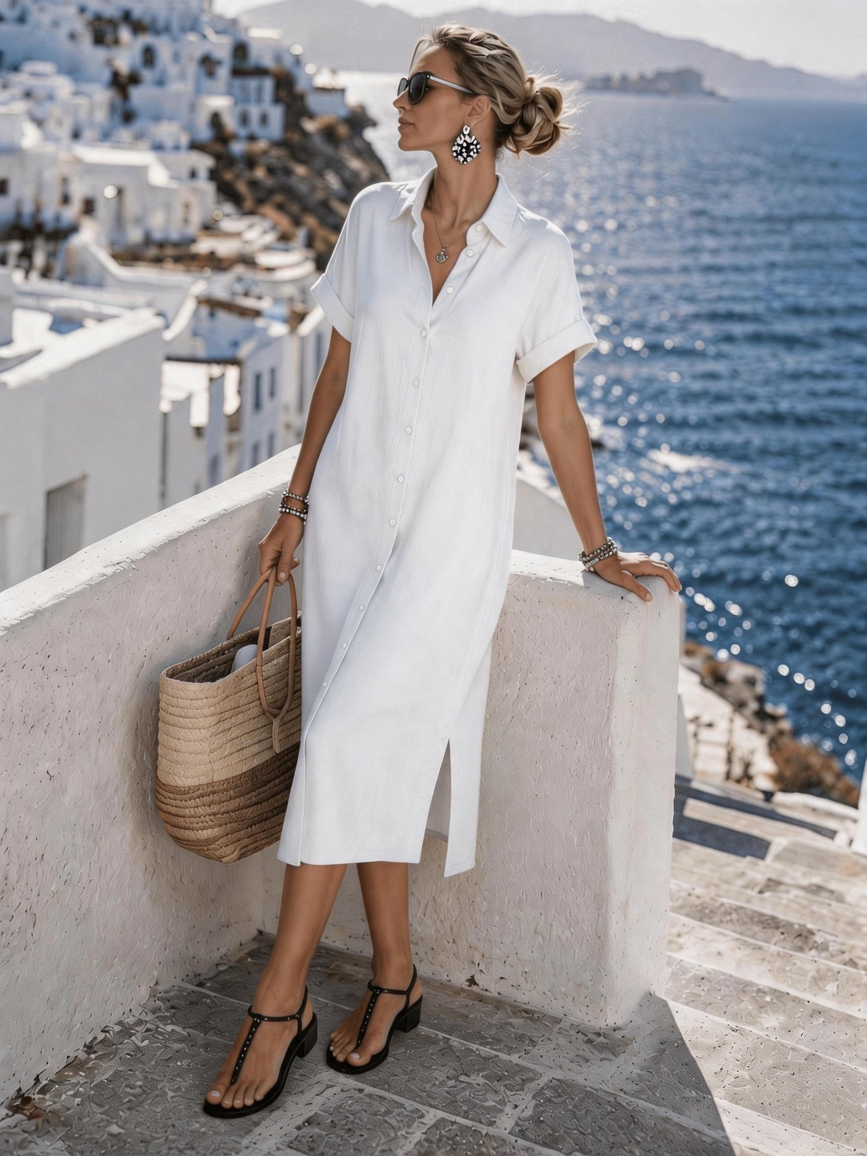 Button-Front Short Sleeve Shirt Dress for Vacation