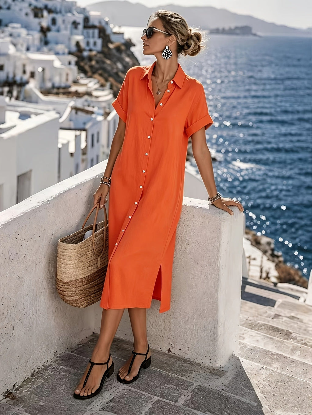 Button-Front Short Sleeve Shirt Dress for Vacation