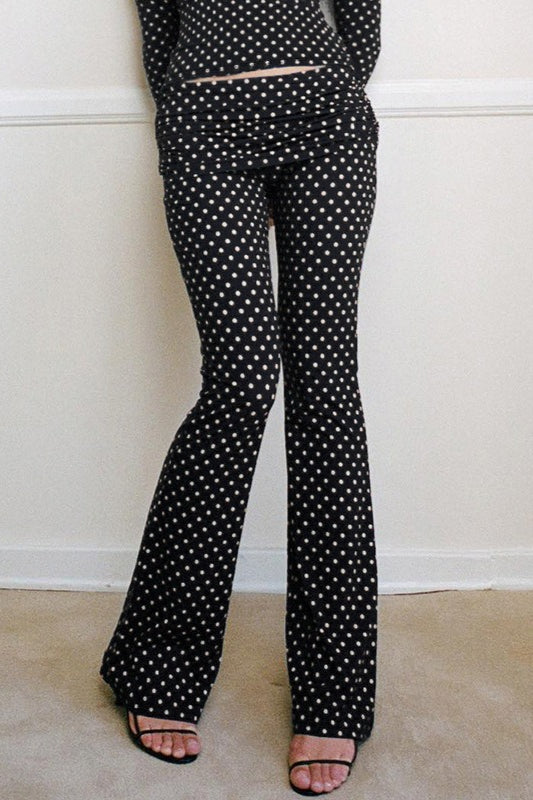 Woman wearing Off-Shoulder Polka Flare-Sleeve Set from Hicosy — view 4