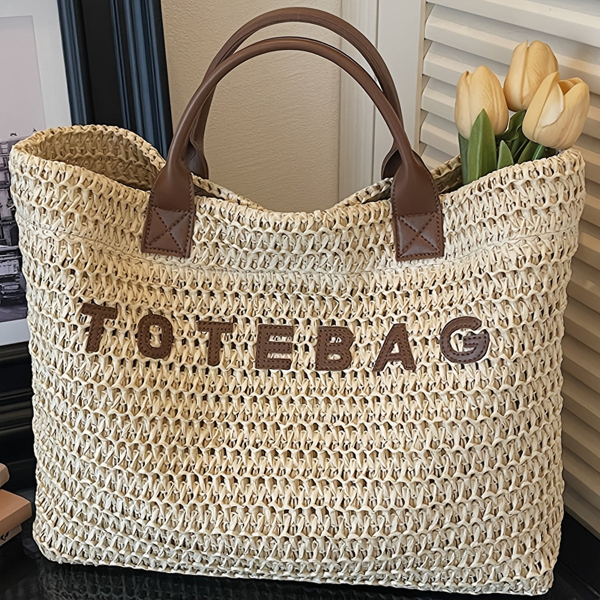 Large Woven Tote Bag with Leather Handles