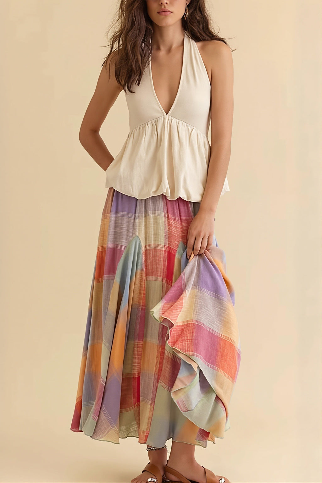 Elastic Waist Colorful Plaid Flared Maxi Skirt