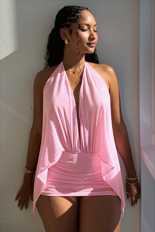 Solid Mesh Halter Backless Mini Dress