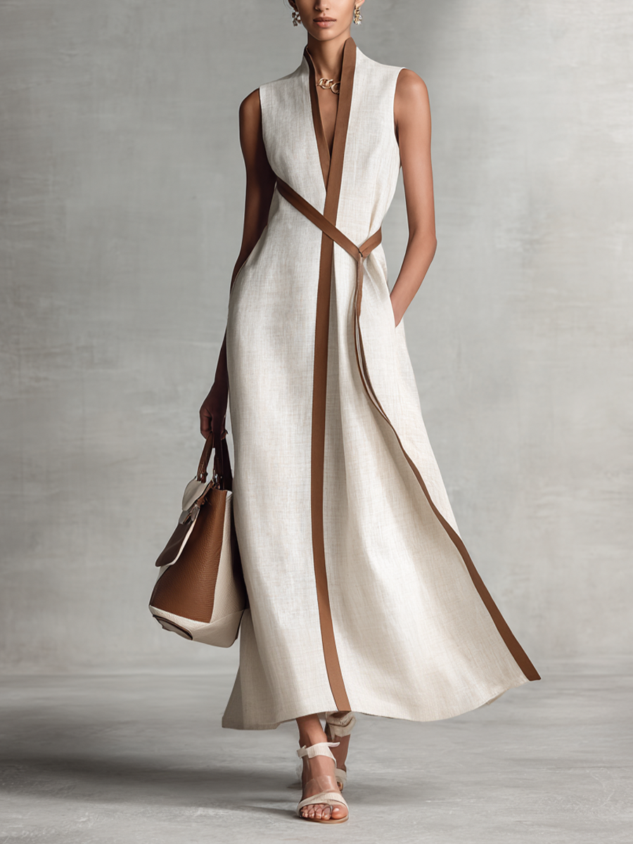Contrast Trim V Neck Sleeveless A Line Linen Maxi Dress - Wedding Guest