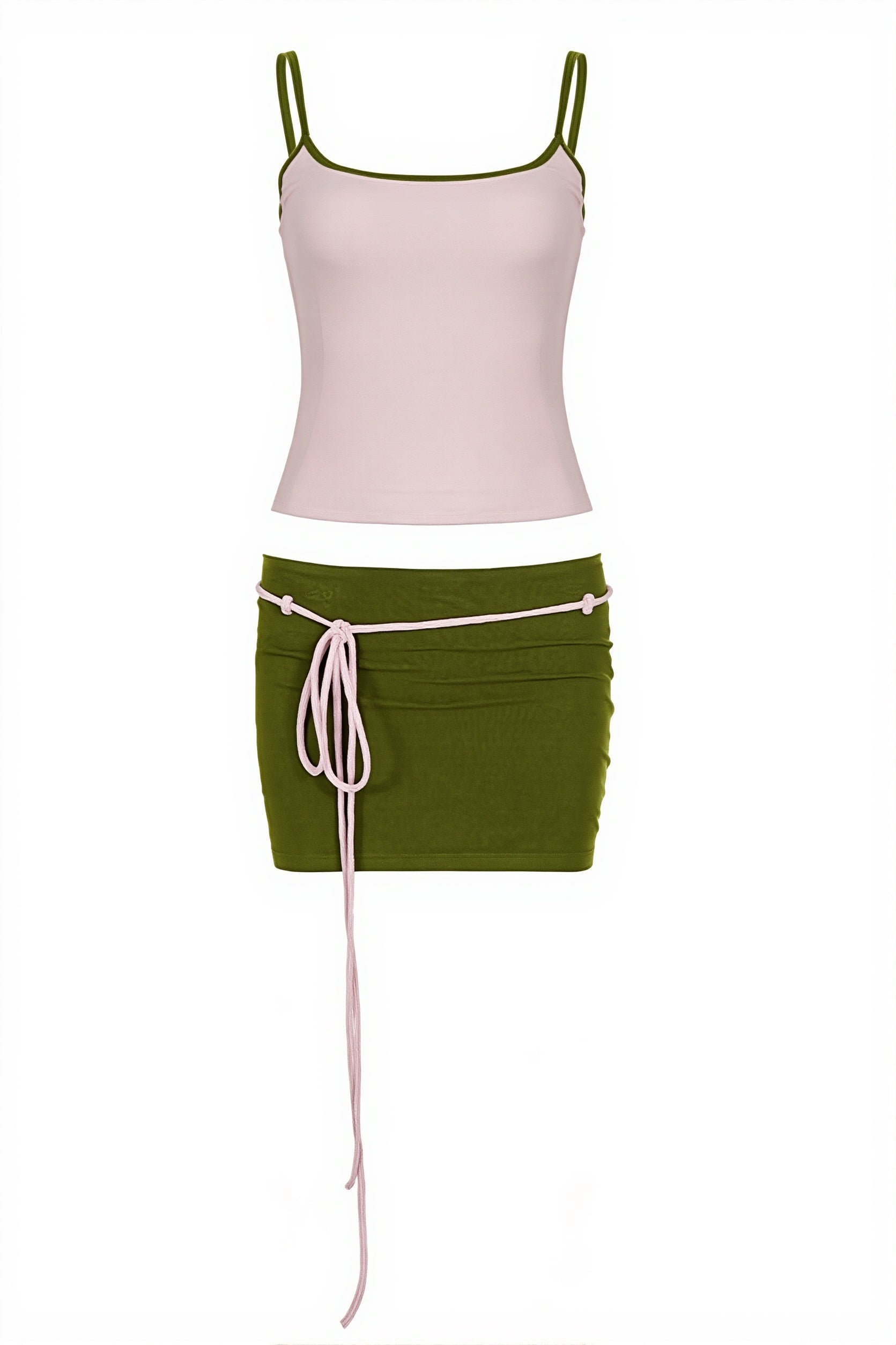 Sexy Contrast Panel Shirred Cami Low Rise Skirt Sets