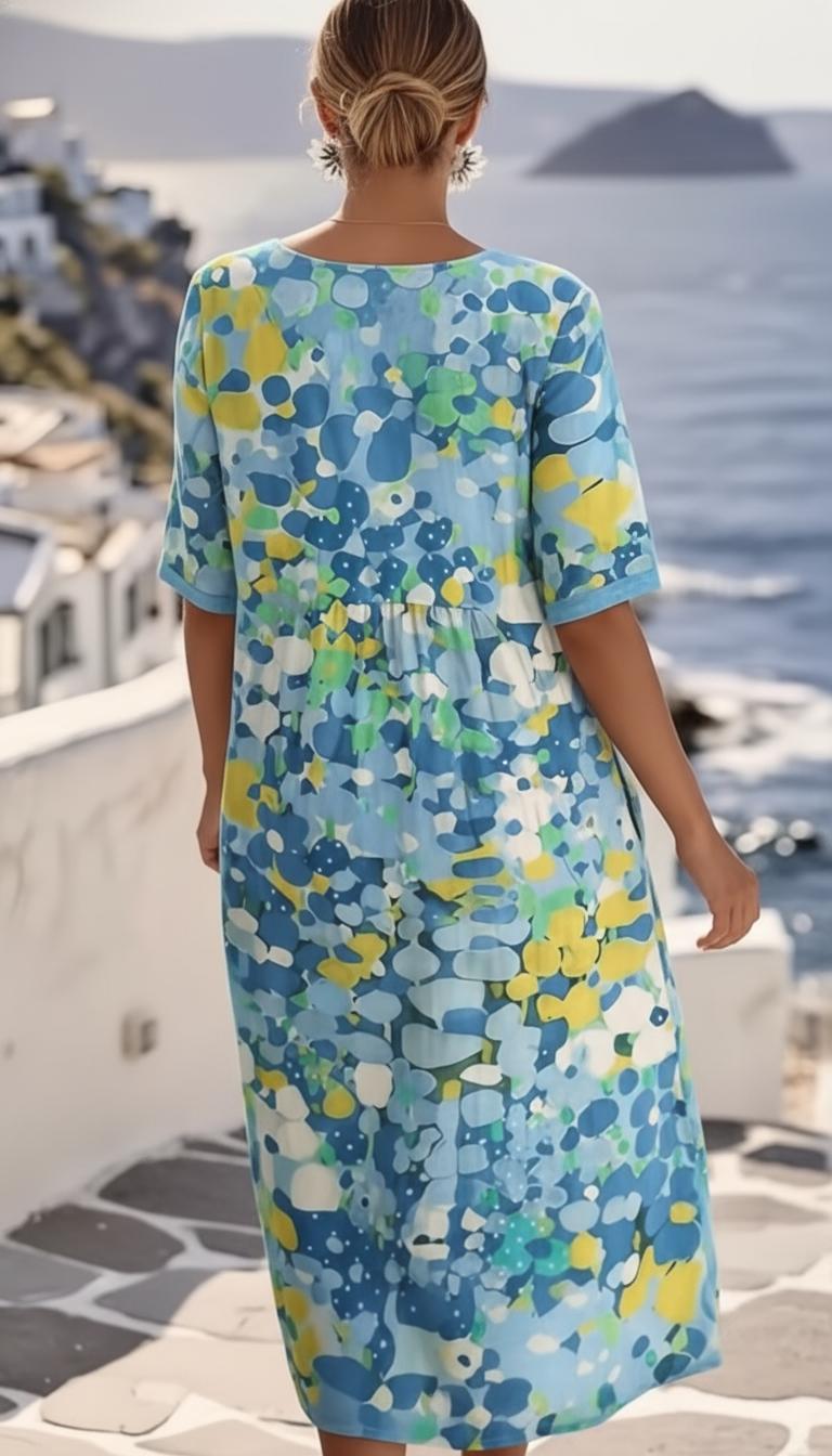 Abstract Print Round Neck Short Sleeve Casual Midi Dress