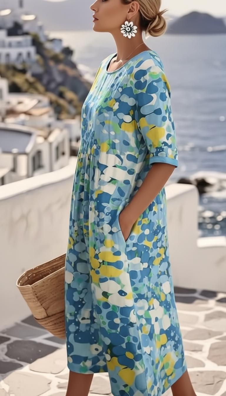 Abstract Print Round Neck Short Sleeve Casual Midi Dress