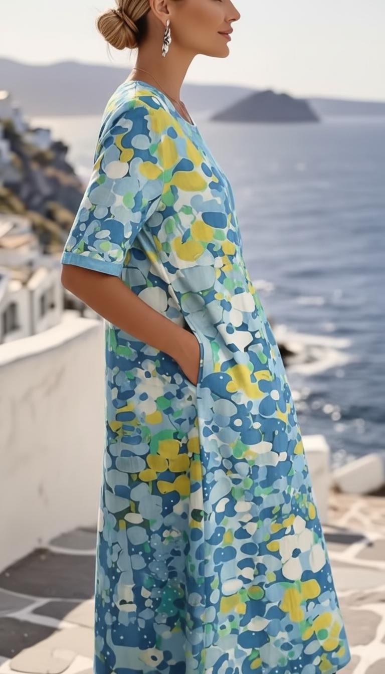 Abstract Print Round Neck Short Sleeve Casual Midi Dress