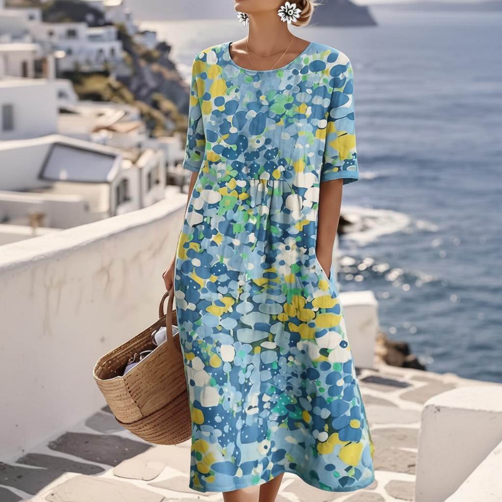 Abstract Print Round Neck Short Sleeve Casual Midi Dress