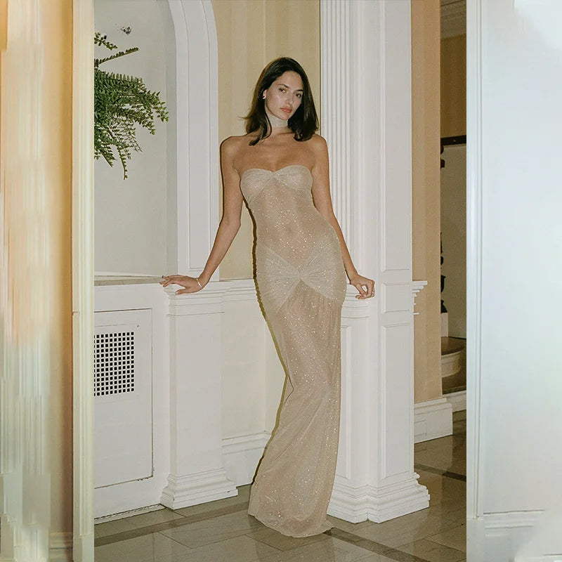Elegant Off-Shoulder Glitter Fishtail Maxi Dress
