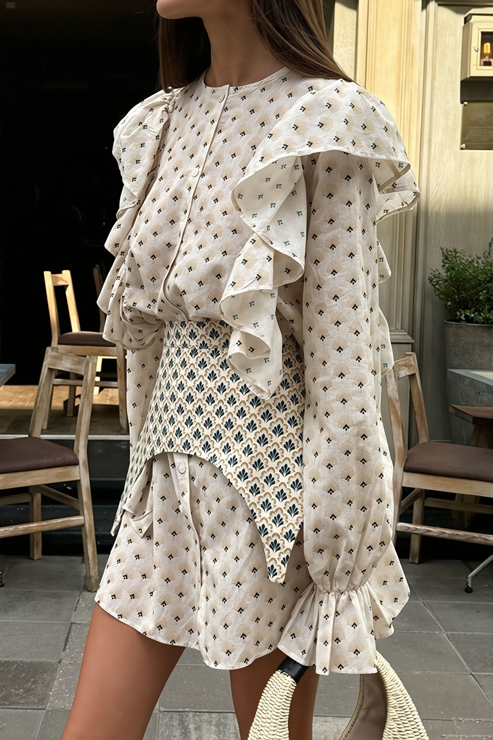 Ruffled Flare Sleeve Printed Mini Dress