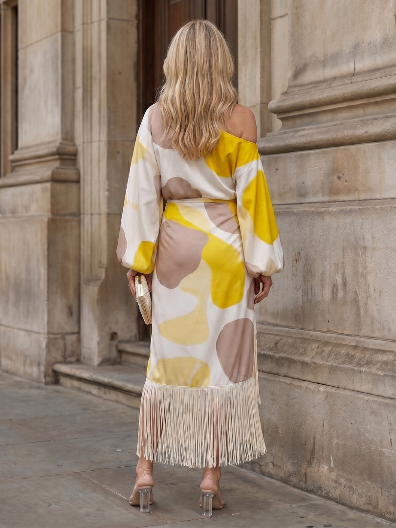 Abstract Print One Shoulder Batwing Sleeve Fringe Midi Dress