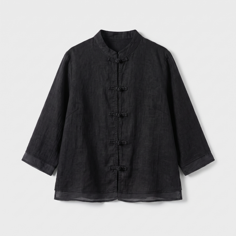 Mandarin Collar Frog Button Linen Blouse for Casual Style