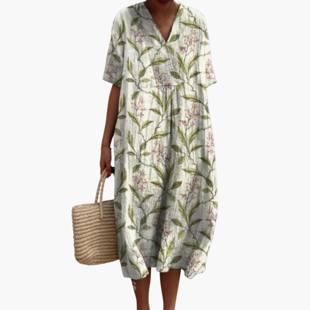 Floral V Neck Short Sleeve Oversized Casual Midi Dress