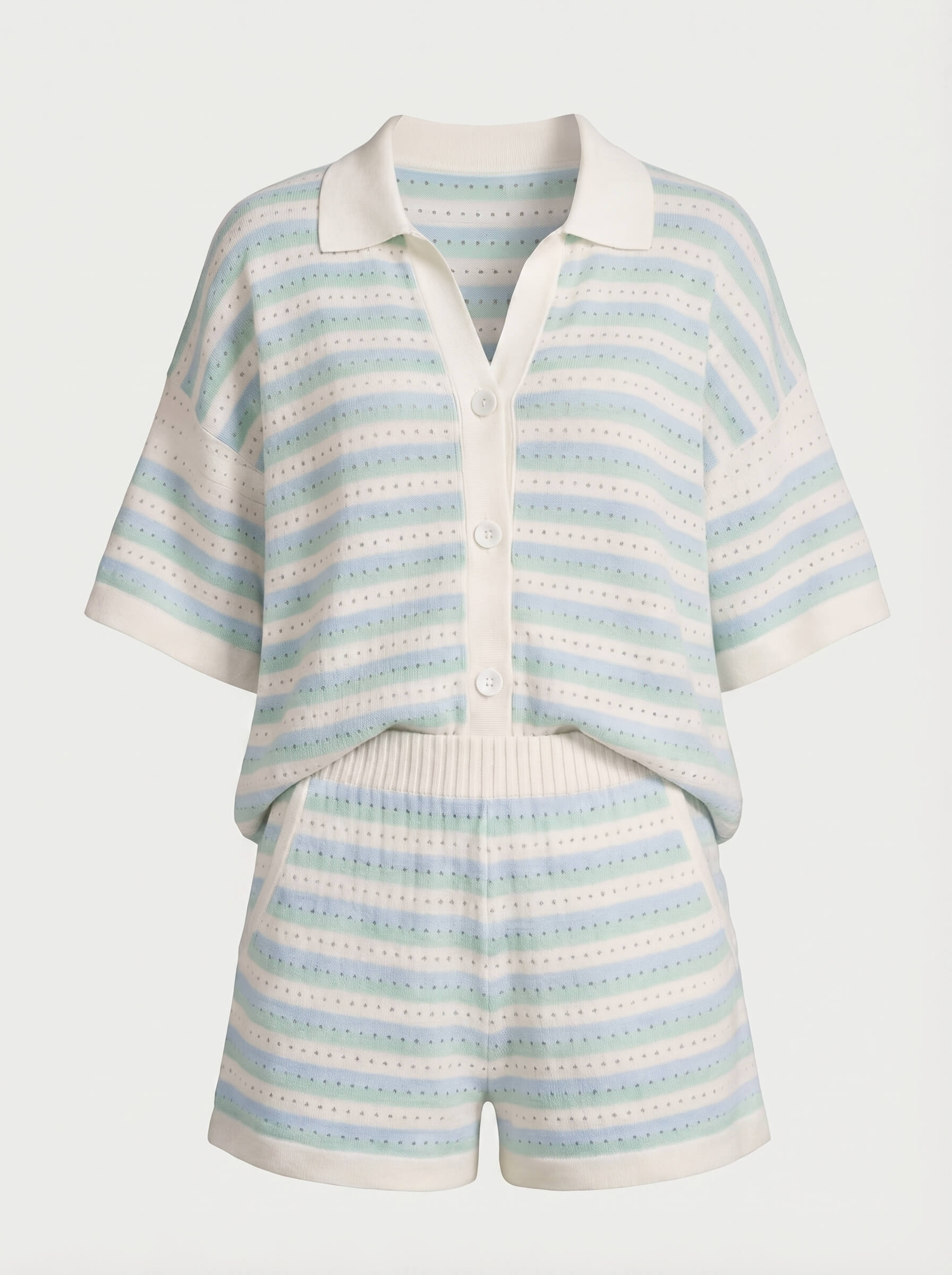 Striped Knit Polo Top and Short Two Piece Set
