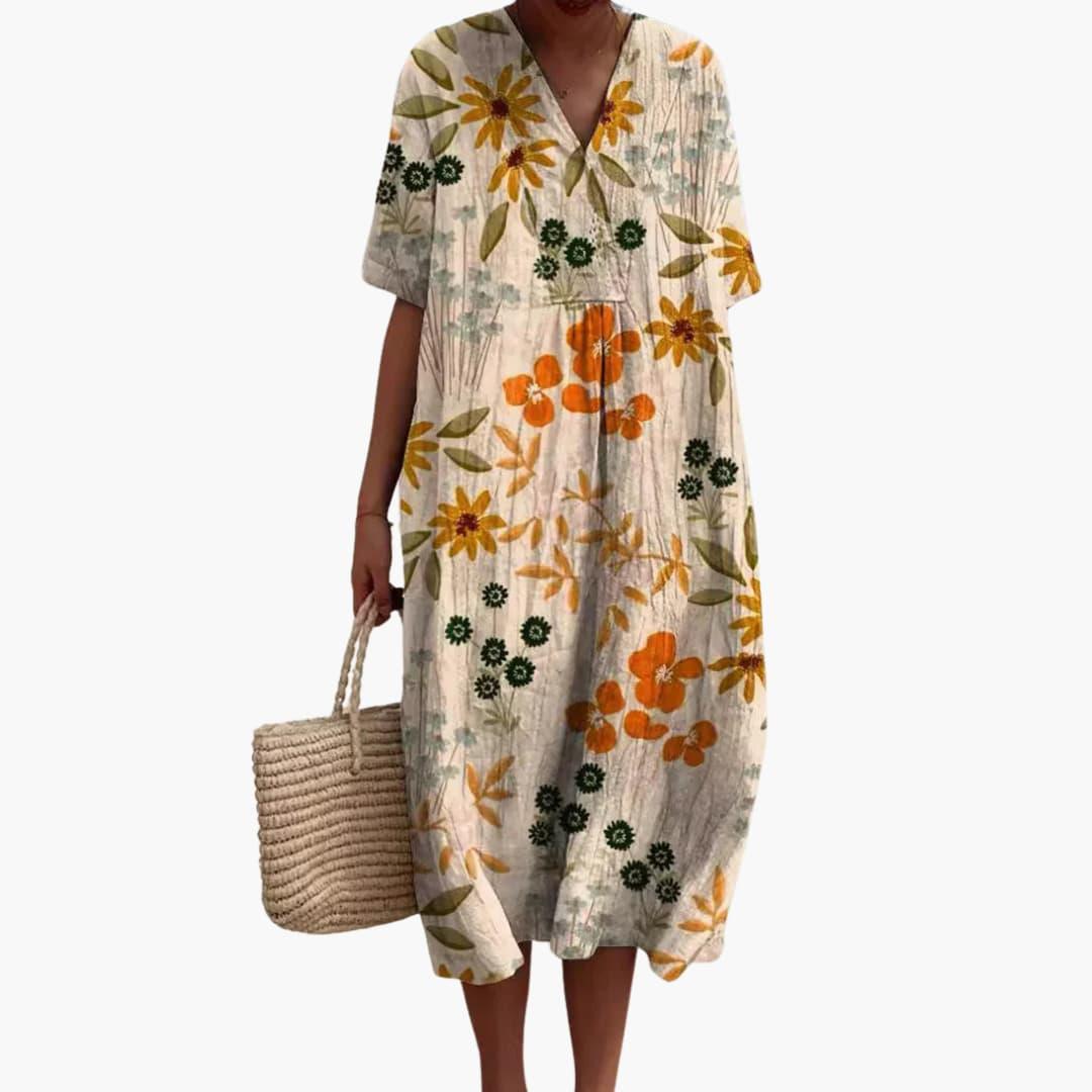 Floral V Neck Short Sleeve Oversized Casual Midi Dress
